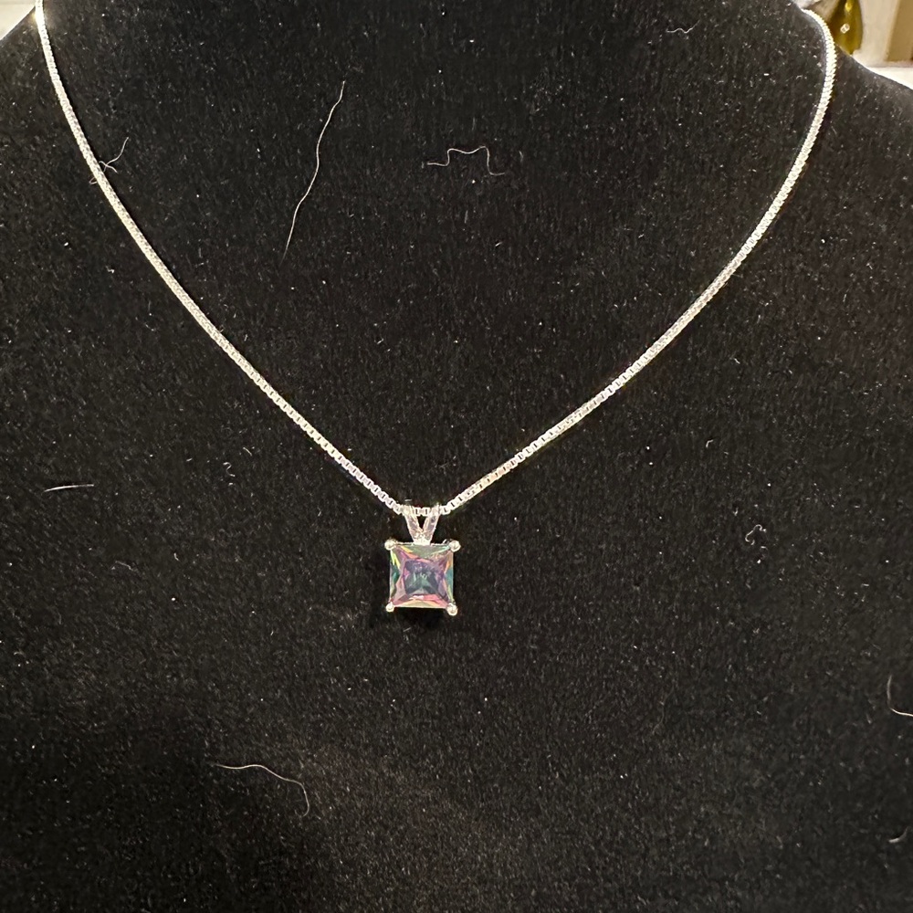 Sterling Silver Necklace with Rainbow Topaz CZ Pendant